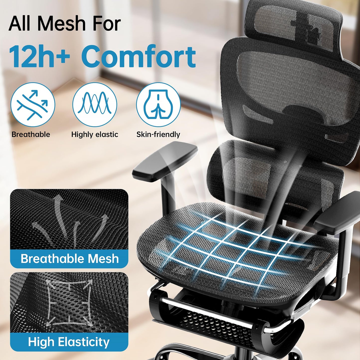 AreShark Office Chair Ergonomic Desk Chair,High Back Computer Chair with 3D Headrest & Armrests,Gaming Chair with Lumbar Support,90-135°Tilt Lock Mesh Office Chair with Footrest,Wheels,Black