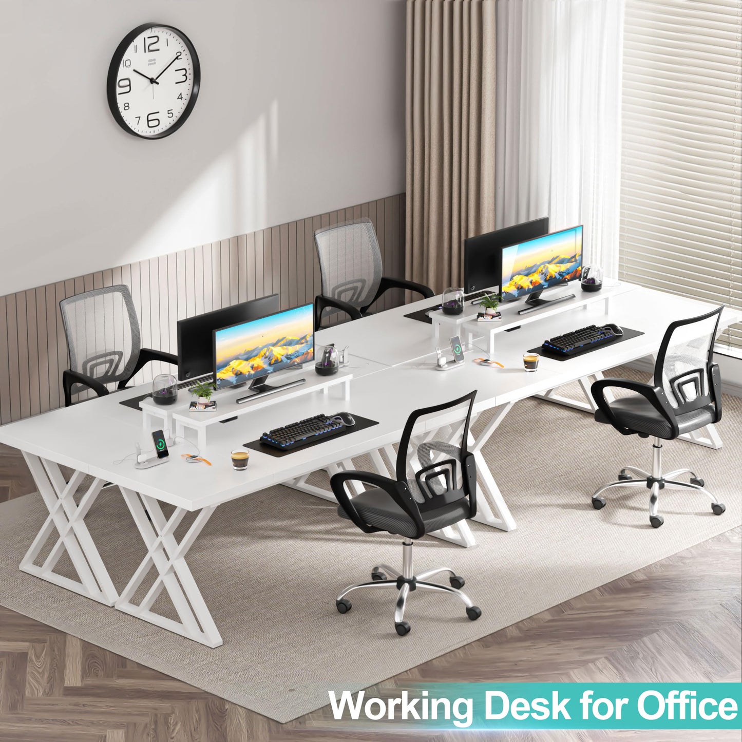 Dithoko 70.8 Inch Large Computer Desk with Power Outlet & LED Lights,Modern Home Office Desk with Ergonomic Monitor Stand,Extra Long Executive Office Writing Desk for Gaming, Work, Study, White
