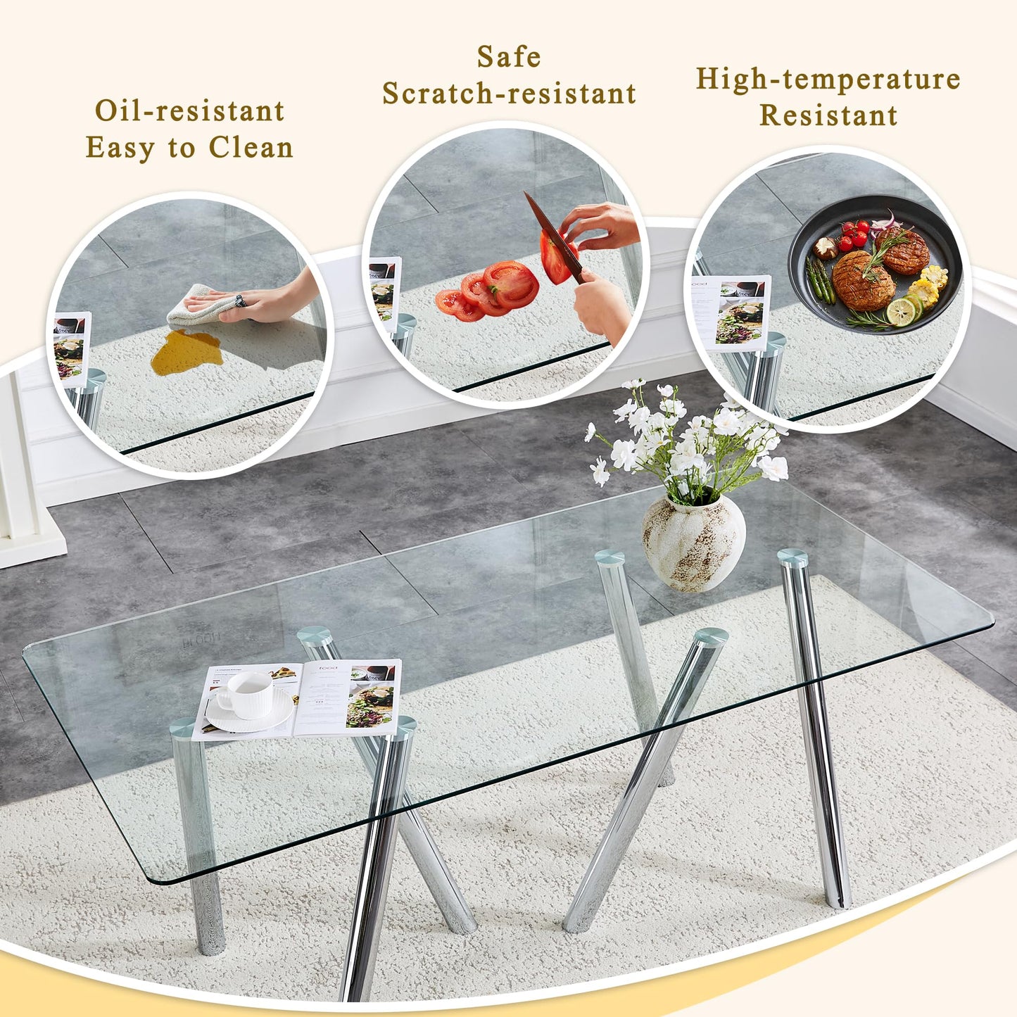 Vohward 71" Glass Dining Table Set for 6, 7 Piece Modern Tempered Glass Dining Room Table with 6 Black Upholstered Chairs, Rectangular Kitchen Table Set with Chrome Metal Legs, 400 lb Capacity