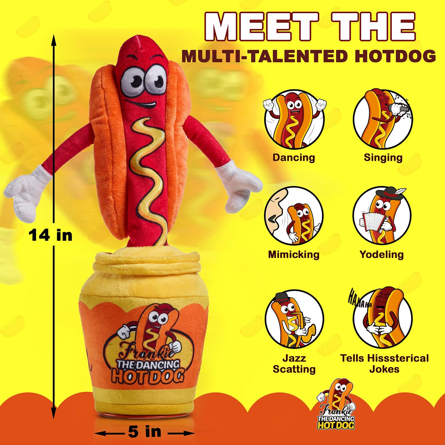 Gagster Hot Dog Dancing Toy Plush - Mimicking Toy For Kids - That Tells Jokes & Can Repeat What You Say, Dancing Talking Singing Yodeling – Baby Toy Funny Gift for Kids Toddlers & Adults Fun Gag Gifts