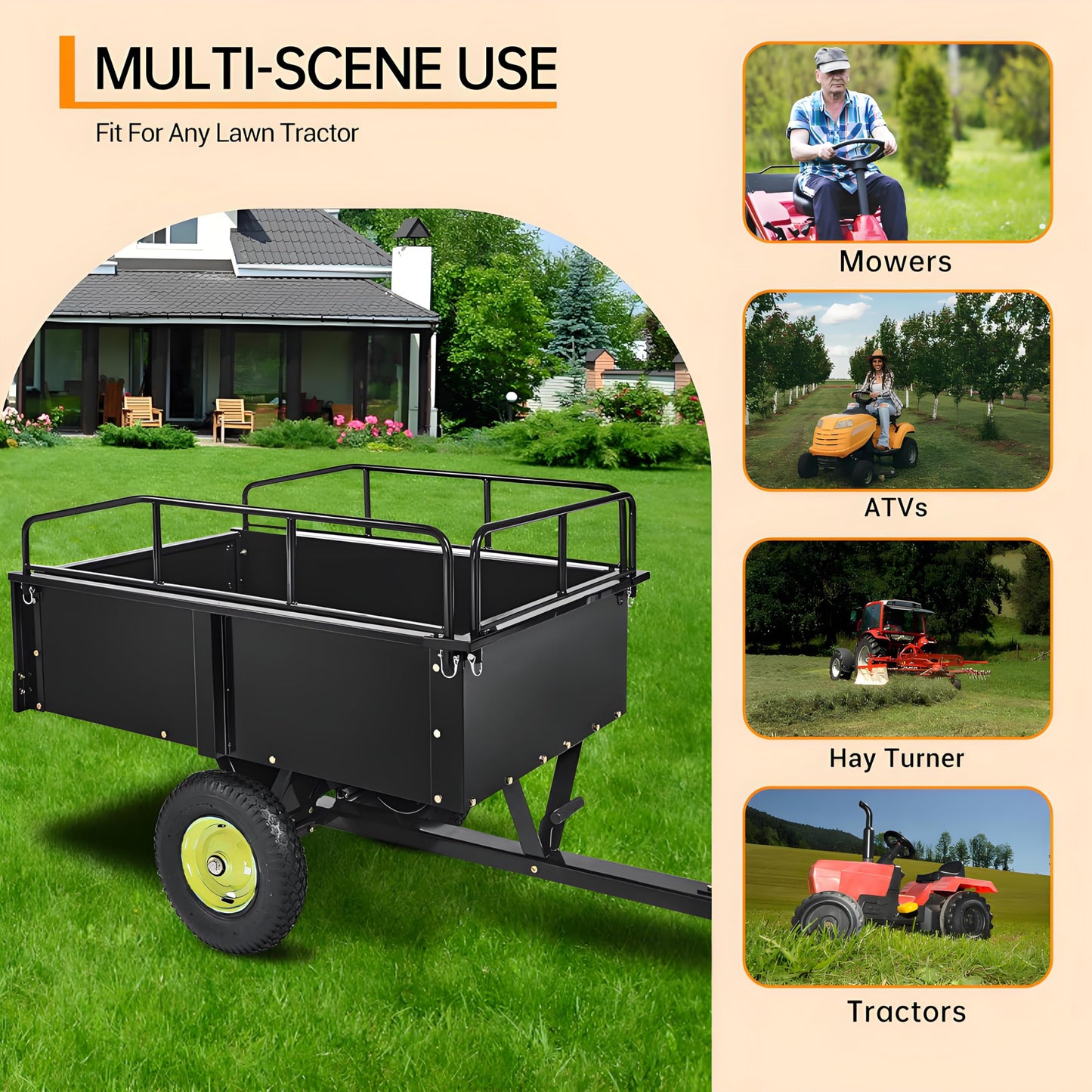 GarveeLife Utility Trailer, ATV Steel Garden Trailer, 750 LBS 15 Cu.Ft. with Removable Sides, Pneumatic Tires and Quick Dump Pull Back, Heavy Duty Lawn Mower Trailers for Lawn Mowers, Tractors, Farm