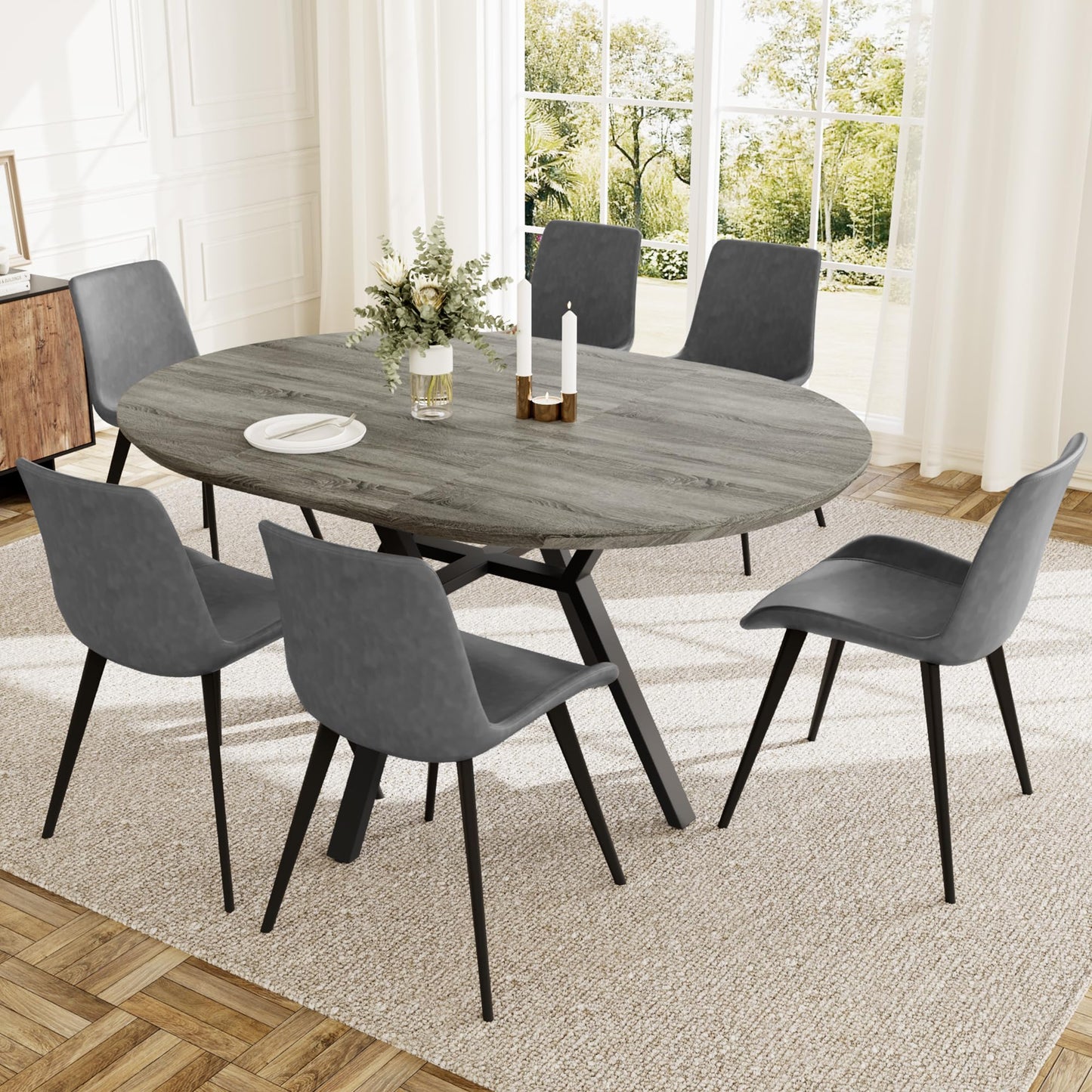 HIPIHOM Extendable Round Dining Table Set for 6 People, 43.3"-59.1" Extendable Kitchen Table with 6 Upholstered Chairs, Space Saving for Kitchen Dining Room (Grey Table+6 Grey Chairs)