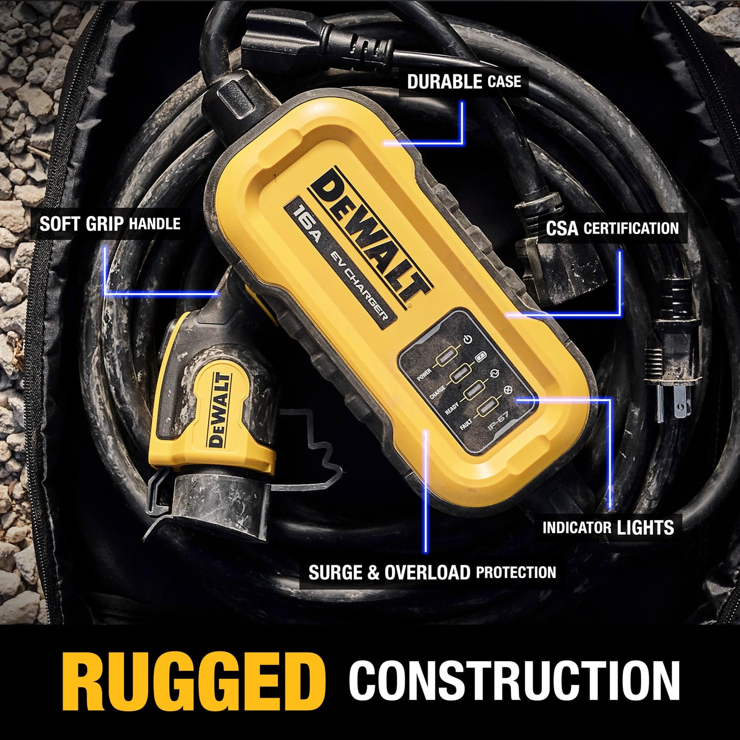 DEWALT Level 1 & 2 Portable Electric Vehicle (EV) Charger, 16 Amps, 120-240V, CSA Certified Indoor/Outdoor, NEMA 6-20 with 5-15 Adapter Included, 25 ft. Cable, 2024 Model