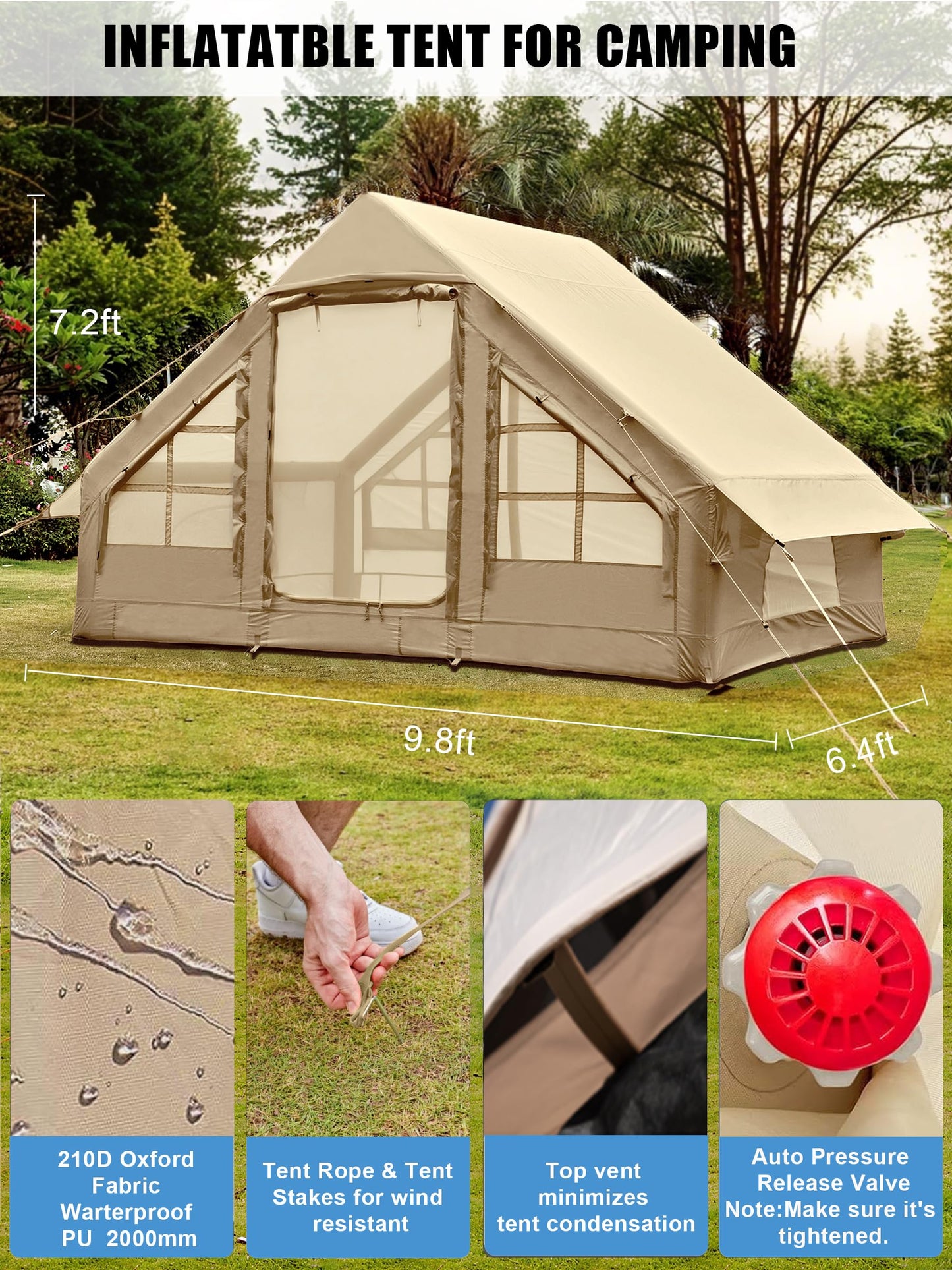 Inflatable Tents for Camping 2-4 Person - Easy Blow Up Glamping Tent with Hand Pump, Waterproof PVC Air Inflatable Tent House for Family Weekend Camping, Beige