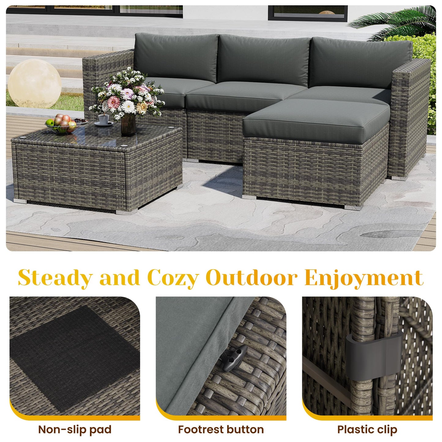 May in Color 5 Piece Outdoor Patio Sectional Furniture Set, Weather Resistant Rattan Outside Couch, Waterproof Conversation Sofa for Balcony, Porch, Backyard, Deck, Garden, Grey