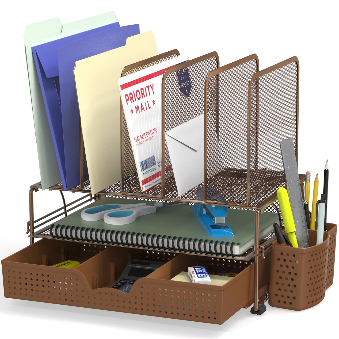 Simple Houseware Mesh Desk Organizer with Sliding Drawer, Double Tray and 5 Upright Sections, Black