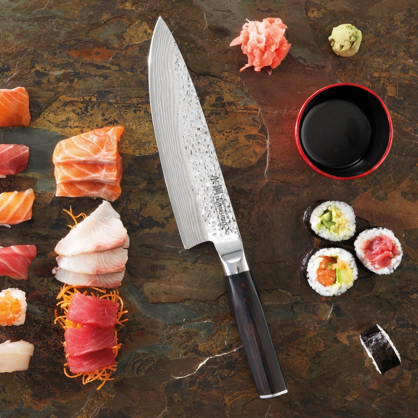 Cuisine::pro Damashiro Emperor Knife Block (Shi, 7 Piece Set) - Premium Japanese Steel Knife Set With Tempered Glass - Magnetic Knife Holder - Professional Knife Set in Damascus Design