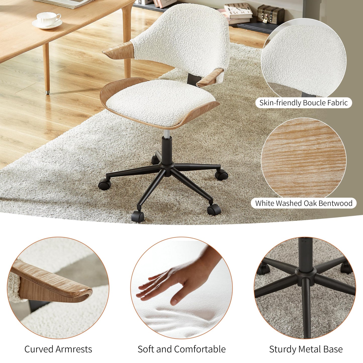 Art Leon Swivel Desk Chair, Mid Century Modern Office Chair with Wheels, Boucle Fabric Upholstered Arm Chair, Adjustable Height Task Chair with Metal Base, Washed Oak Bentwood, White