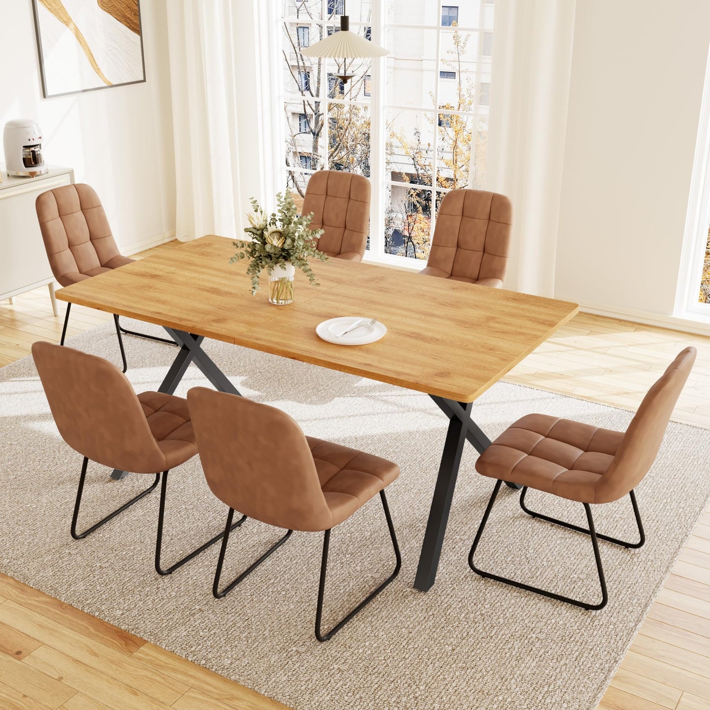 HIPIHOM 7-Piece Dining Table Set for 6 People, 63" MDF Kitchen Table with 6 Upholstered Chairs, Metal Legs for Dining Room, Kitchen(Oak Table+6 U-Shaped Brown Chairs)