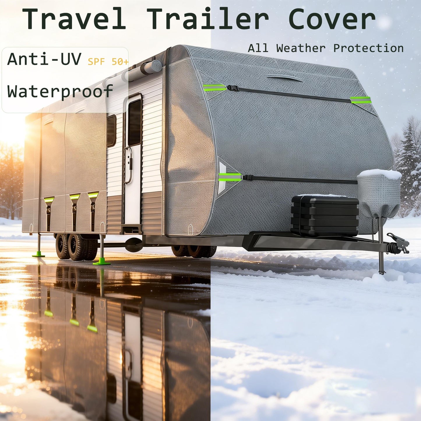 RV Cover Upgraded 8 Layers Top Camper Cover Windproof Travel Trailer Cover RV, Tire Cover,Hauler Cover with Tongue Jack Cover, Extra Long Windproof Ropes (20-22FT)
