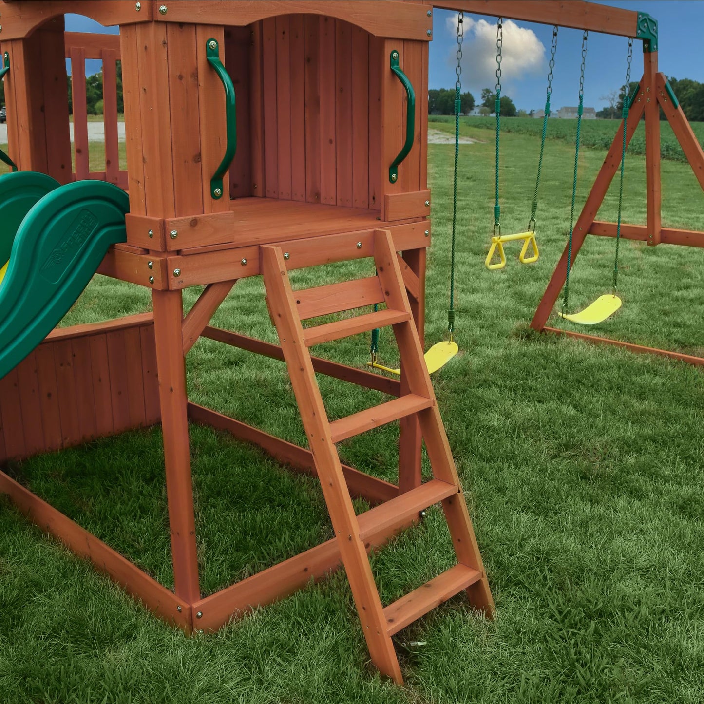 Backyard Discovery Atlantis Cedar Wood Swing Set with Wave Slide, Raised Clubhouse, Rock Wall, Belt Swings, Trapeze, Balcony, Lower Play Space, Snack Bar, Sandbox Area, Step Ladder, Outdoor Playset