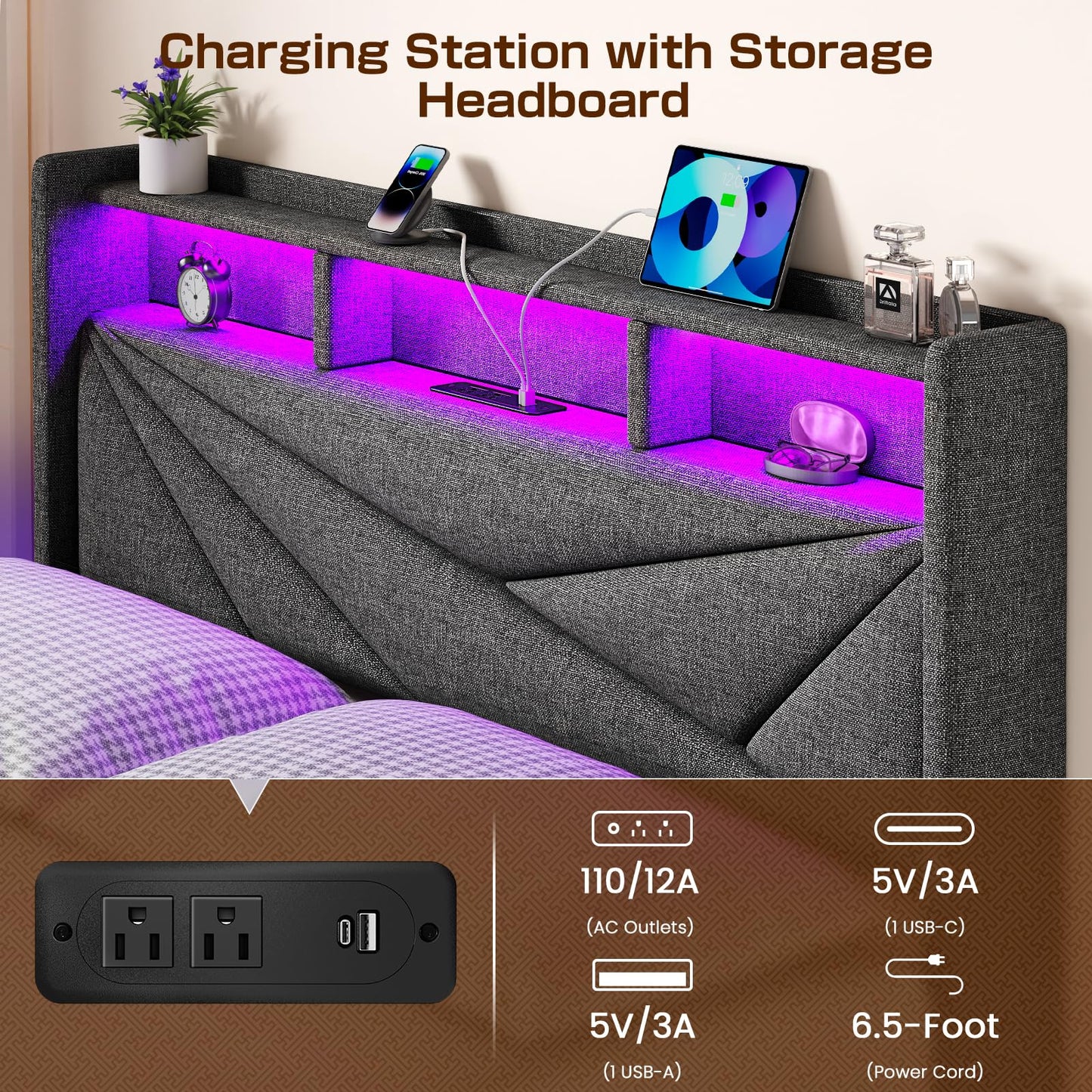 Driftalia Queen Bed Frame with 4 Storage Drawers, Upholstered Bed Frame Queen Size with LED Lights Headboard and Charging Station, No Box Spring Needed, Easy Assembly - Dark Grey