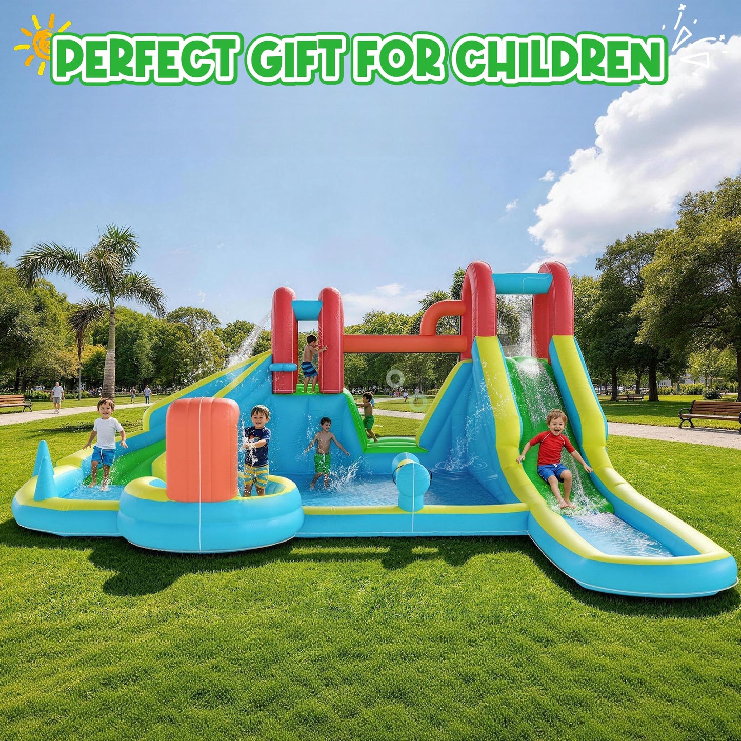 HOMMOW Inflatable Water Slide,10 in 1 Double Water Slide Bounce House for Kids 3-12 with Blower, Splash Pool, Water Cannon, Climbing Wall, Basketball Hoop for Kids Indoor Outdoor Backyard