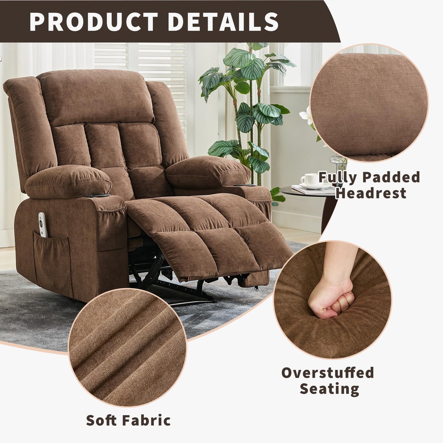 PeacefulHues 360° Swivel Rocker Recliner Chair with Heat and Massage, 3 Positions, USB Ports, Side Pockets, Cup Holders, for Living Room, Bedroom, Brown