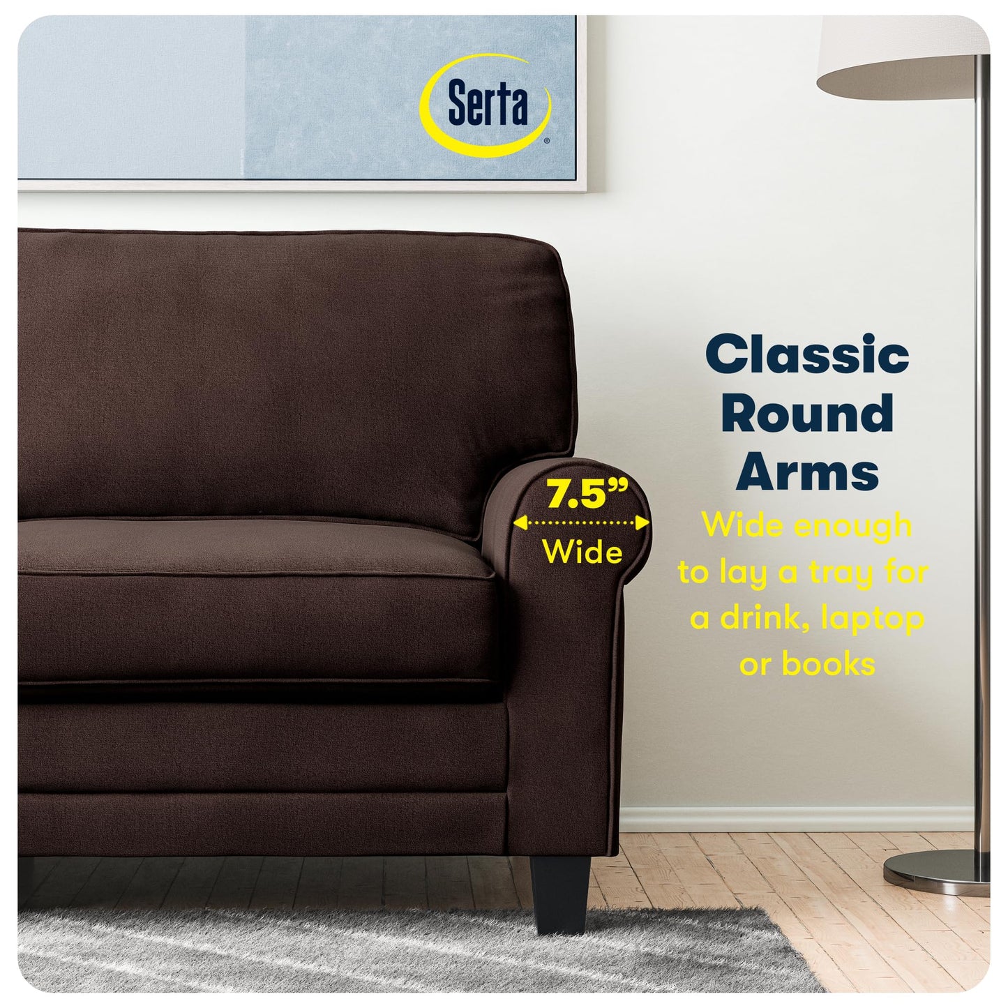 Serta Copenhagen 61" Rolled Arm Sofa, Easy Care Polyester, Soft Pillow Back, Pocket Coil Seat Cushions, Removable Covers, Loveseat or Couch for Small Spaces, Living Rooms or Bedrooms, Brown