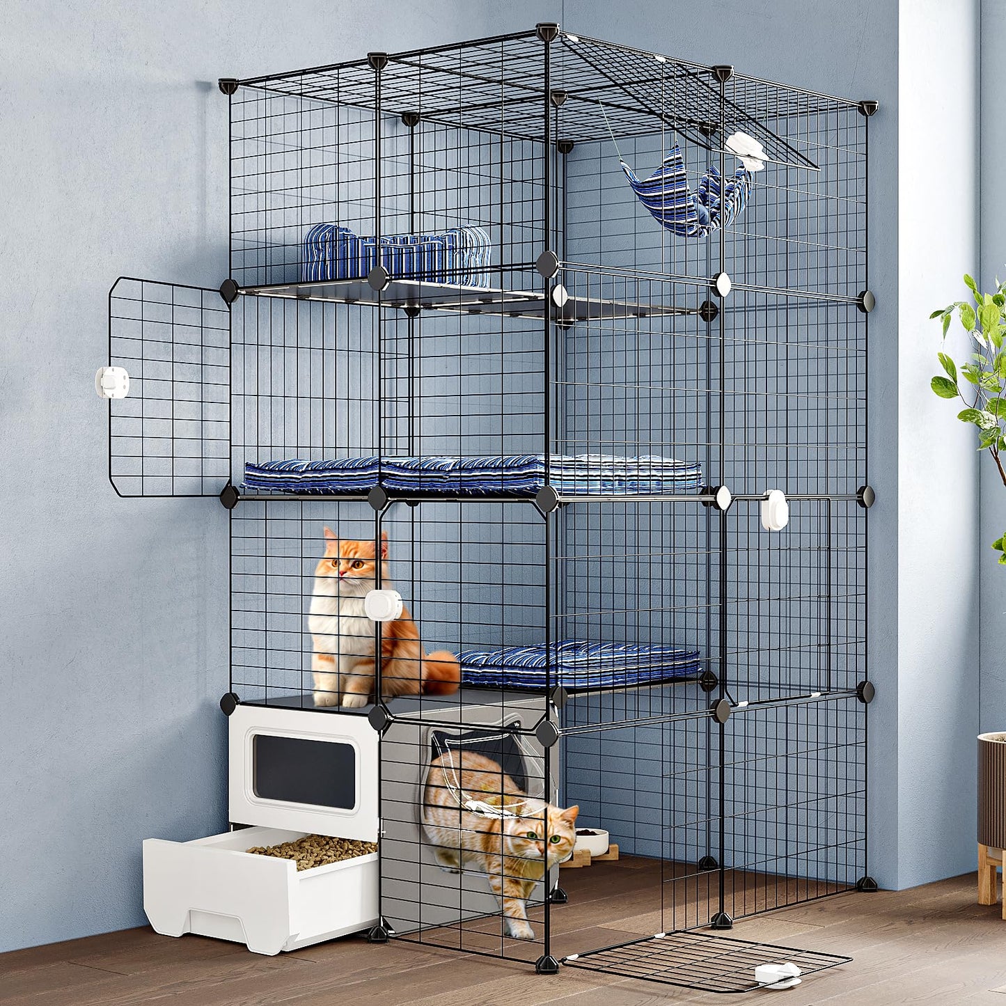 Oneluck Cat Cage with Litter Box, 4-Tier DIY Enclosures Detachable Metal Wire Kennel Catio Indoor Crate Large Exercise Place Ideal for 1-2 Cats