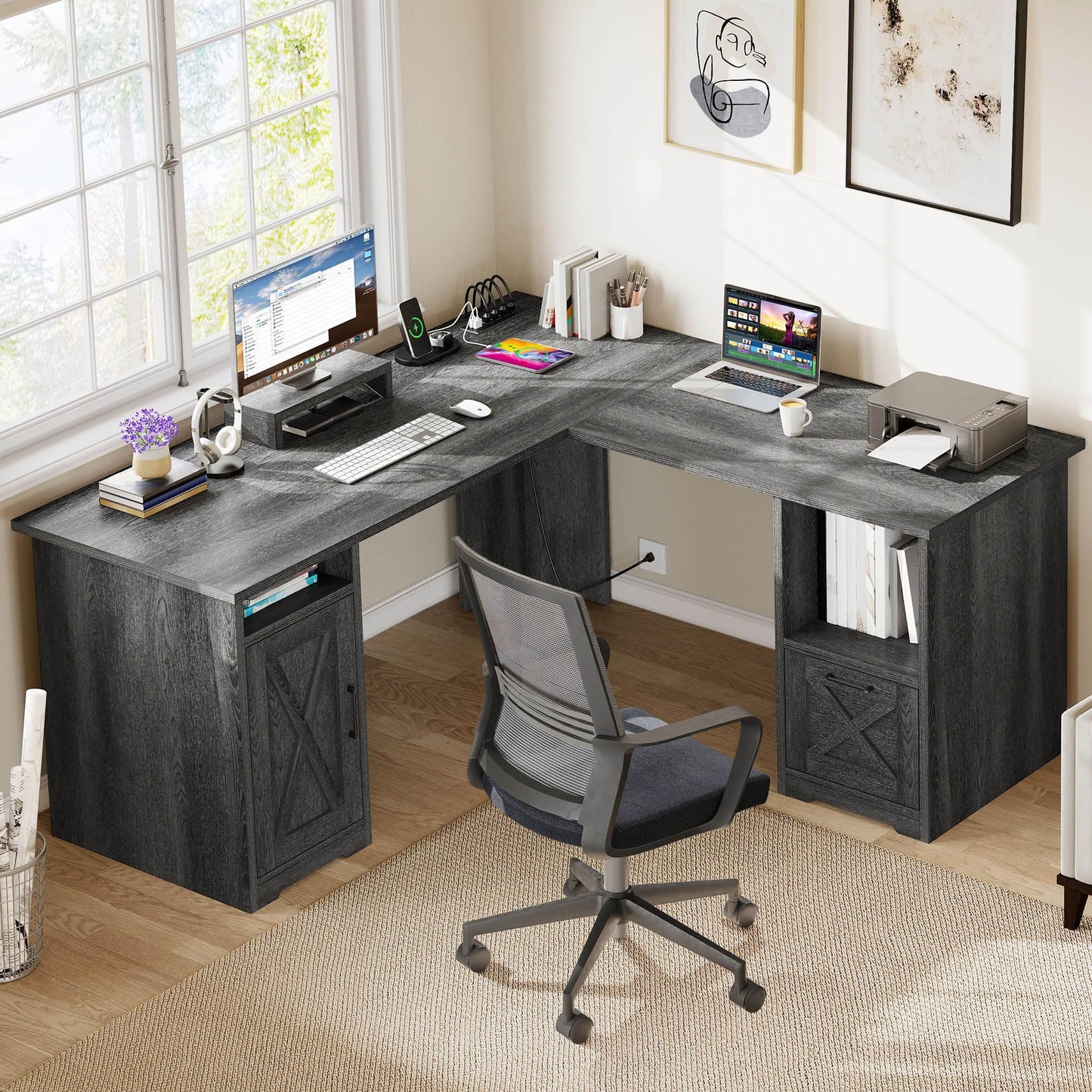 YITAHOME L Shaped Desk with Power Outlets, 60 Inch Computer Desk Corner Desk with File Drawer, Home Office Desk with Monitor Stand & Storage Shelves, L-Shaped Desk with File Cabinet, Grey
