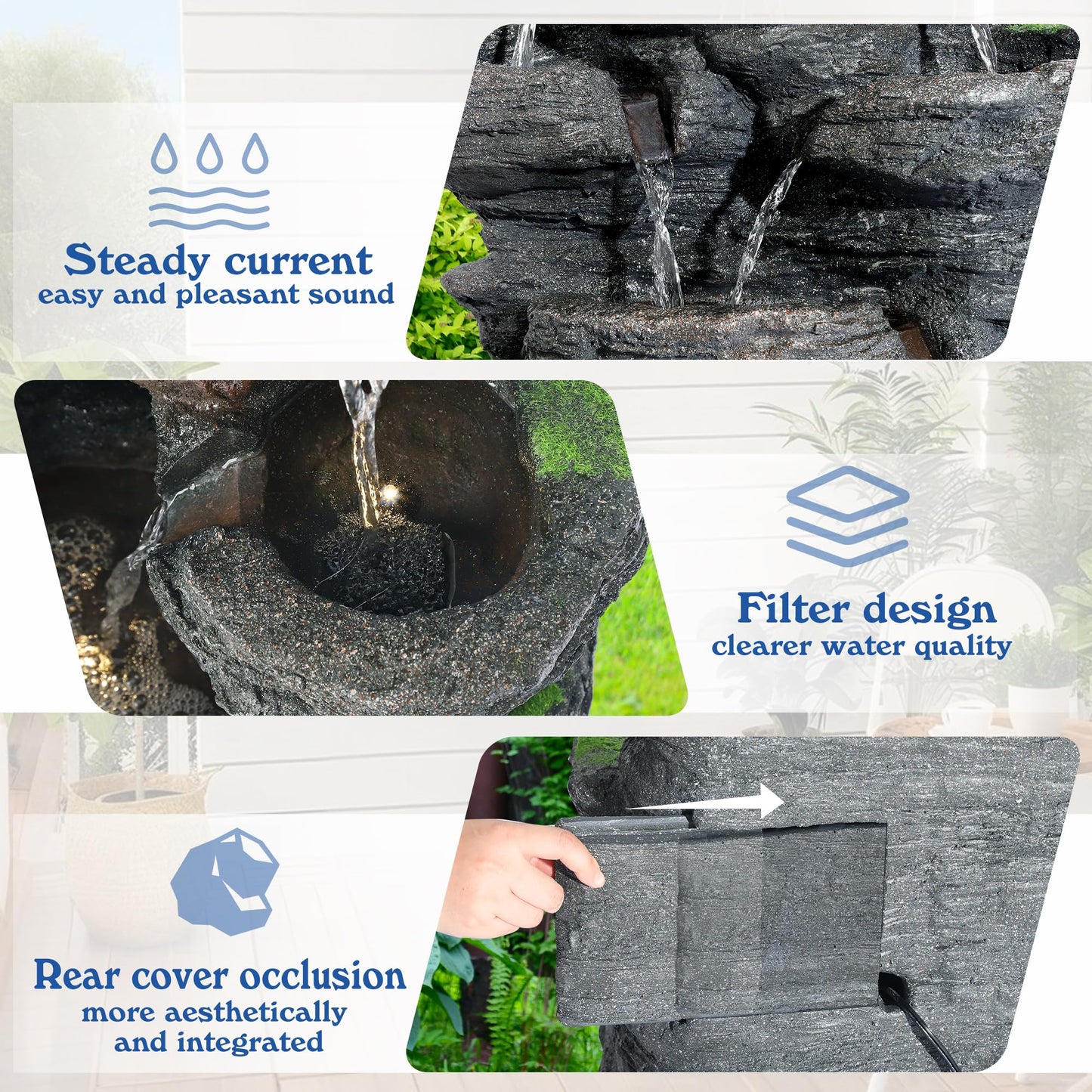 TOBYUL Garden Waterfall Fountain Outdoor - Water Fountains and Waterfalls, Outdoor/Indoor Floor Standing Resin Water Fountain with LED Light for Patio, Garden and Backyard, Deck, Porch, Home (40" H)
