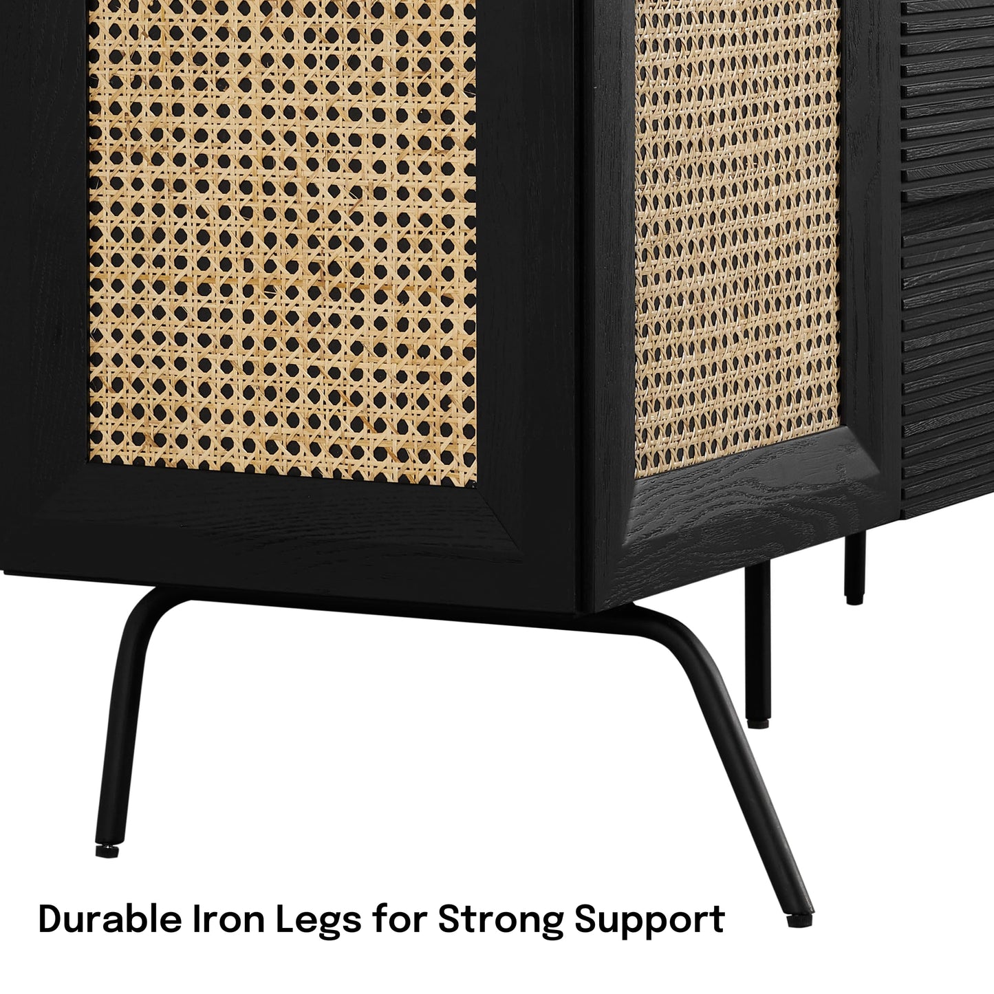 NTC MOSSIC Sideboard with 2 Doors and 3 Drawers, Buffet Cabinet with Natural Rattan and Metal Legs, Modern Storage Cabinet for Living Room, and Hallway, Effortless Assembly - Burnt Black