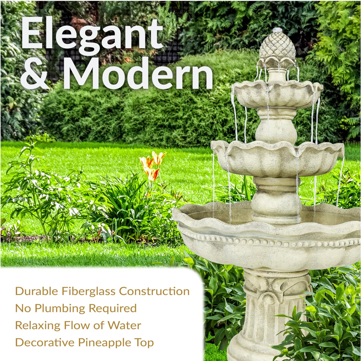 Sunnydaze 51-Inch Electric Water Fountain - Outdoor Water Feature - 3-Tier Outdoor Fountain with Pineapple Top - White