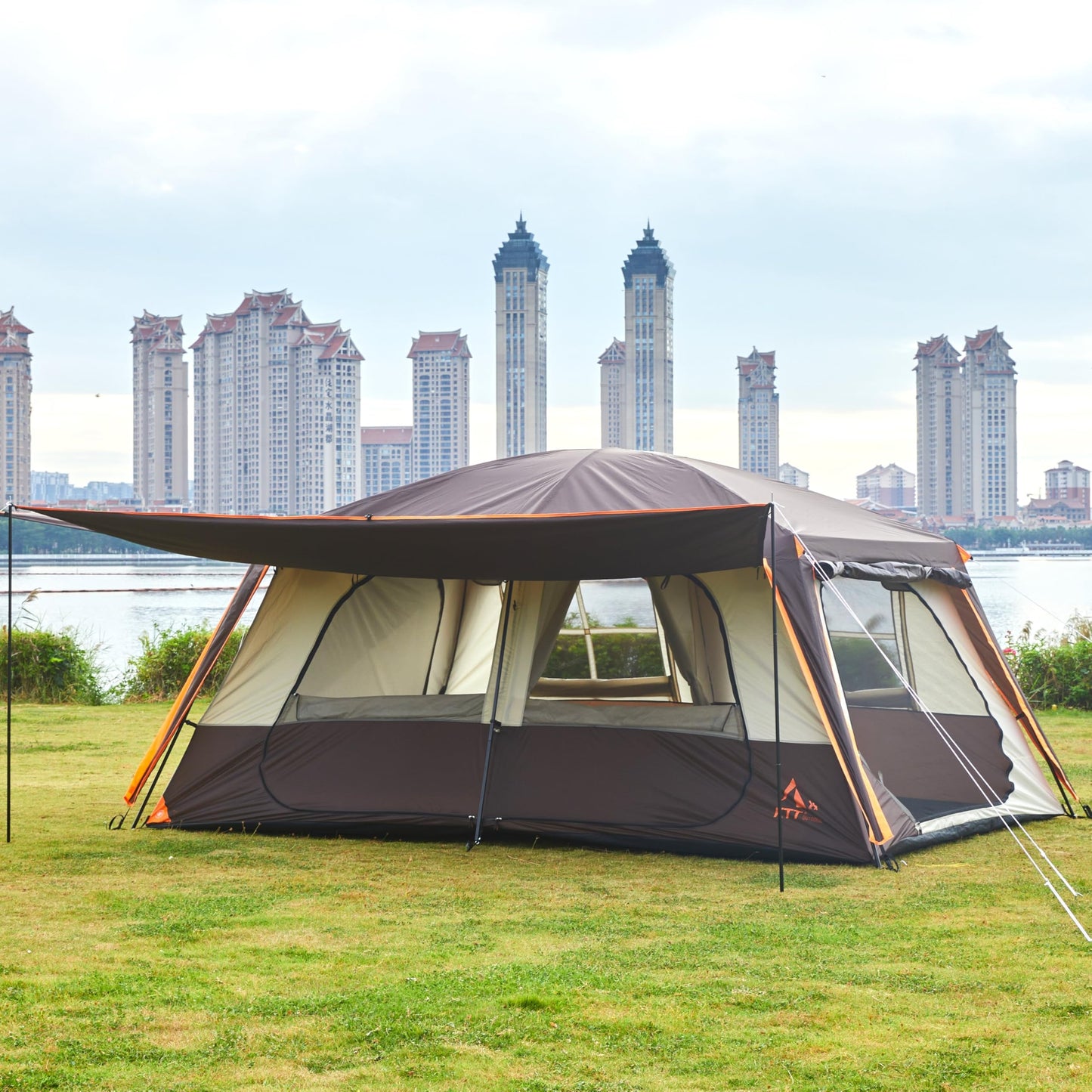 KTT Extra Large Tent 12 Person(A),Awning Family Cabin Tents,2 Rooms,4 Doors and 4 Windows with Mesh,Straight Wall,Waterproof,Double Layer,Big Tent for Outdoor,Picnic,Camping,Family Gathering(Brown)