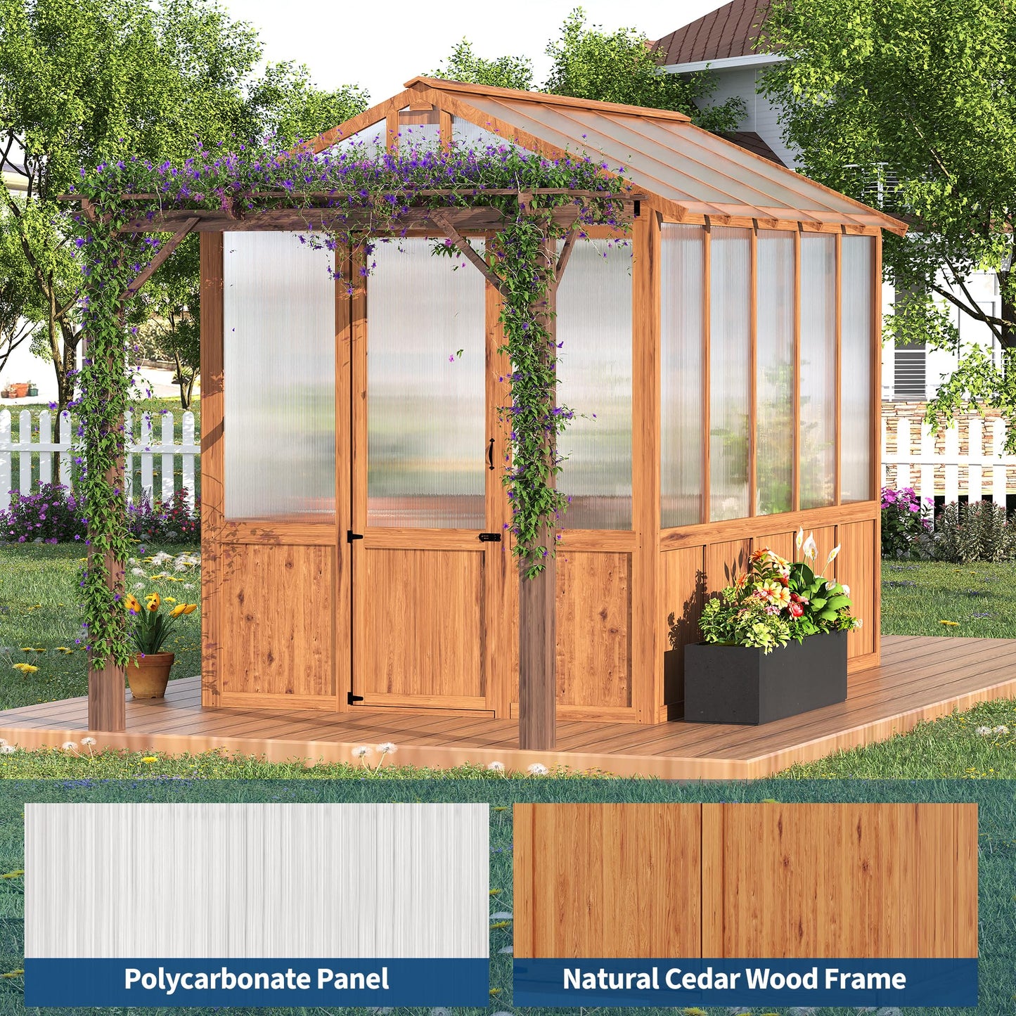 8X13ft Greenhouse Kit with Pergola, Wooden Walk-in Green House with Cedar Frame, Greenhouse Kit with 6mm Thick Polycarbonate Panel