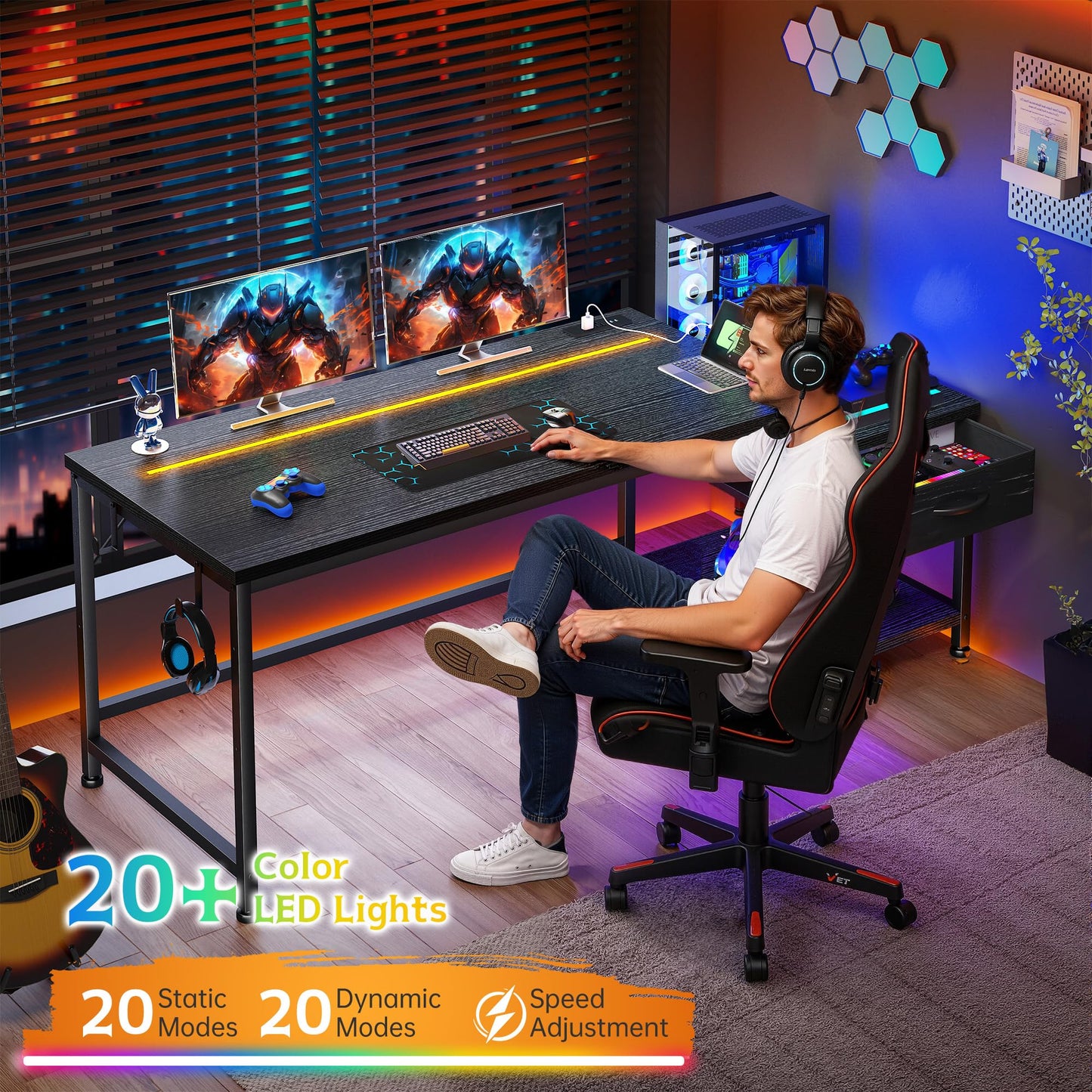 DurayLoly 56 Inch Gaming Desk with Drawers and Shelf,Reversible Computer Desk with LED Lights and Power Outlets,Study Table with Hooks for Headphone,Bags,Black Desk Work Desk for Bedroom,Dorm