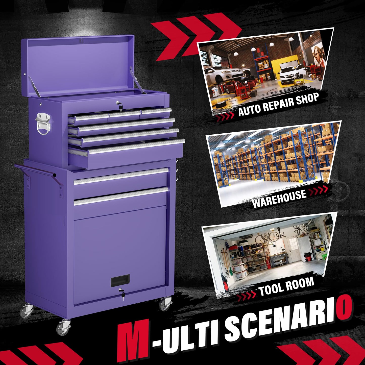 Greenvelly Metal Tool Chest,8-Drawer Rolling Tool Chest with Wheels,Tool Cabinet with Wheels,2 in 1 Detachable Tool Cabinet,Liners and Locking System for Warehouse, Garage,Workshop(Purple)