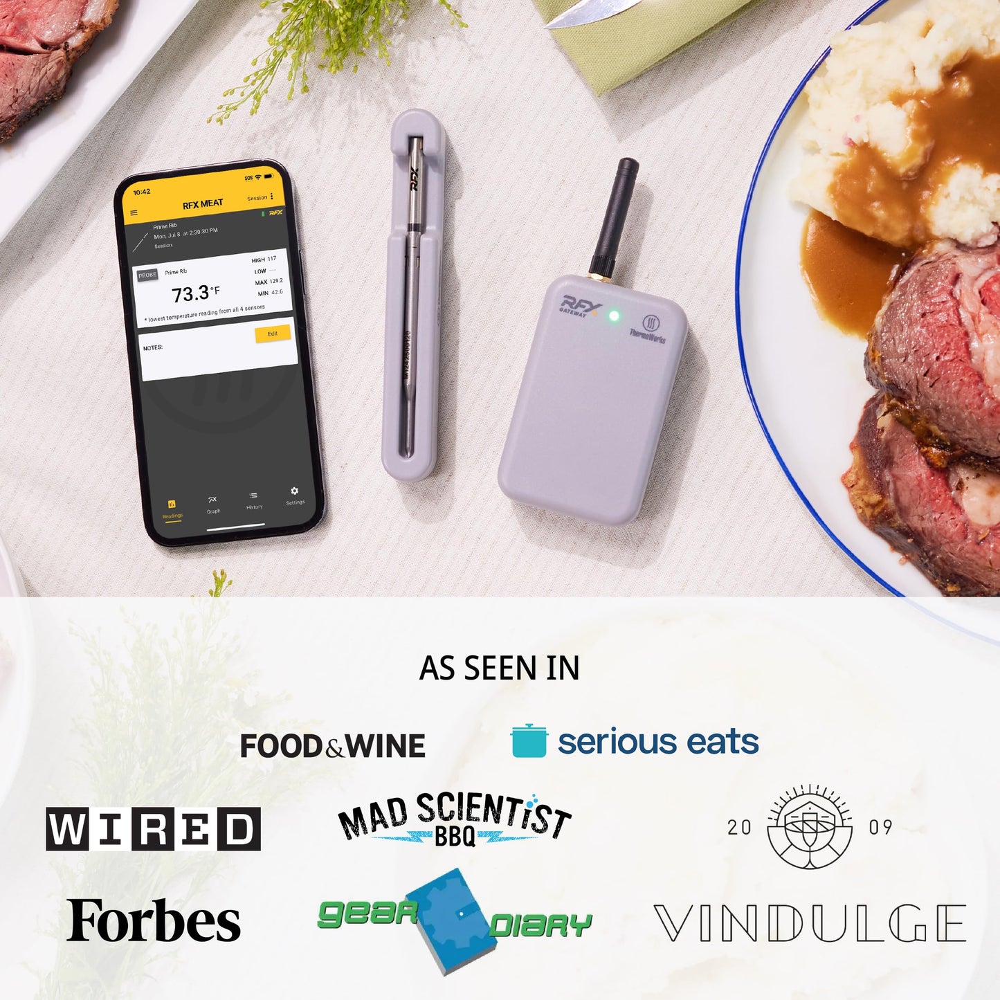 ThermoWorks RFX | Smart Wireless Meat Thermometer | Wi-Fi & Radio Frequency | Stronger Signal Than Bluetooth | Meat Probe for Use in Smoker, Grill, BBQ, Oven - 2-Probe Kit