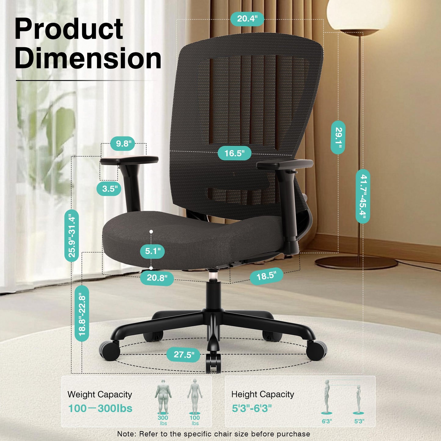 ELABEST T96C Ergonomic Home Office Chair, Mesh Computer Desk Chair with 4D Armrests, Adjustable Lumbar Support,Rolling Swivel Task Chair for Long Hours, Sponge Cushion
