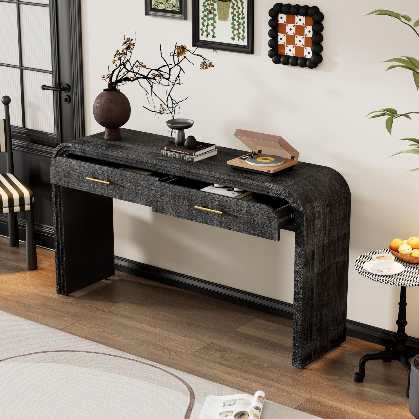 GDFStudio 59" Retro Console Table with Drawers, Narrow Entryway Cabinet Sofa Table with Fluted Details & Distressed Finish, Wood Sideboard Buffet Tables for Living Room Dining Room, Antique Black-1