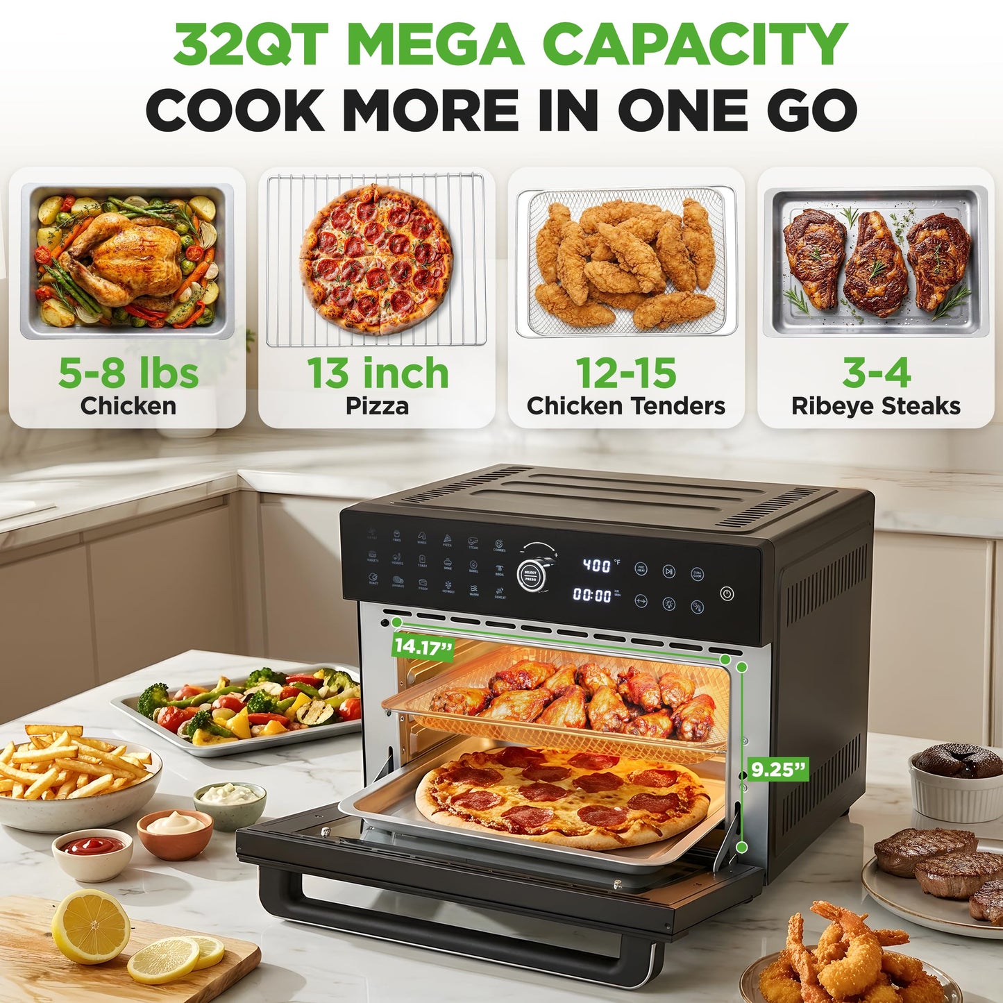 NutriChef 32 Quart Air Fryer & Oven | Digital Airfryer with 20 Presets, Dual Cook, Rotisserie, Bake & More | Multi-Function Convection Countertop Oven | Large Capacity | 18" x 17" x 14 | Black