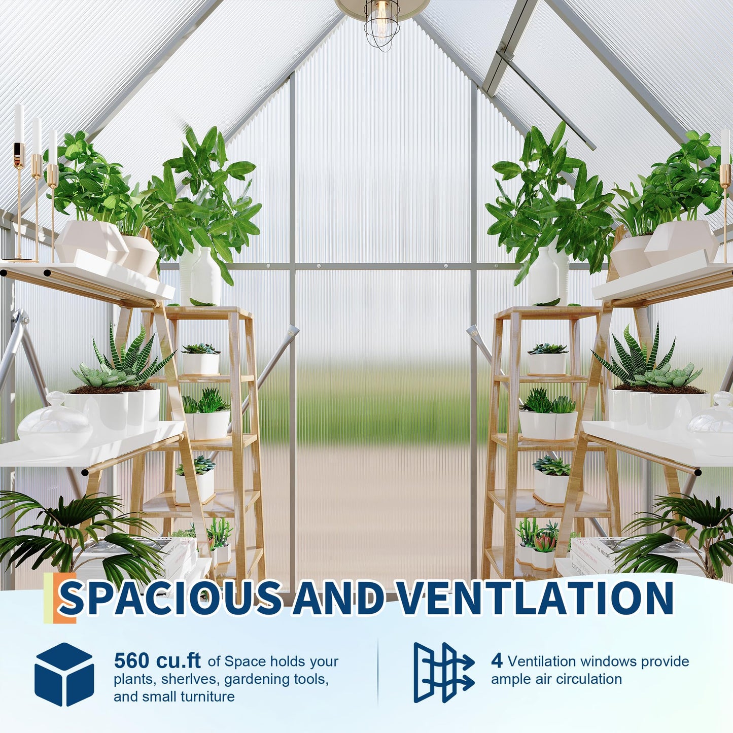 Polycarbonate Greenhouse for Outdoors, Large Walk-InGreenhouse with Quick Setup Structure and Roof Vent, Greenhouse with Ventilation