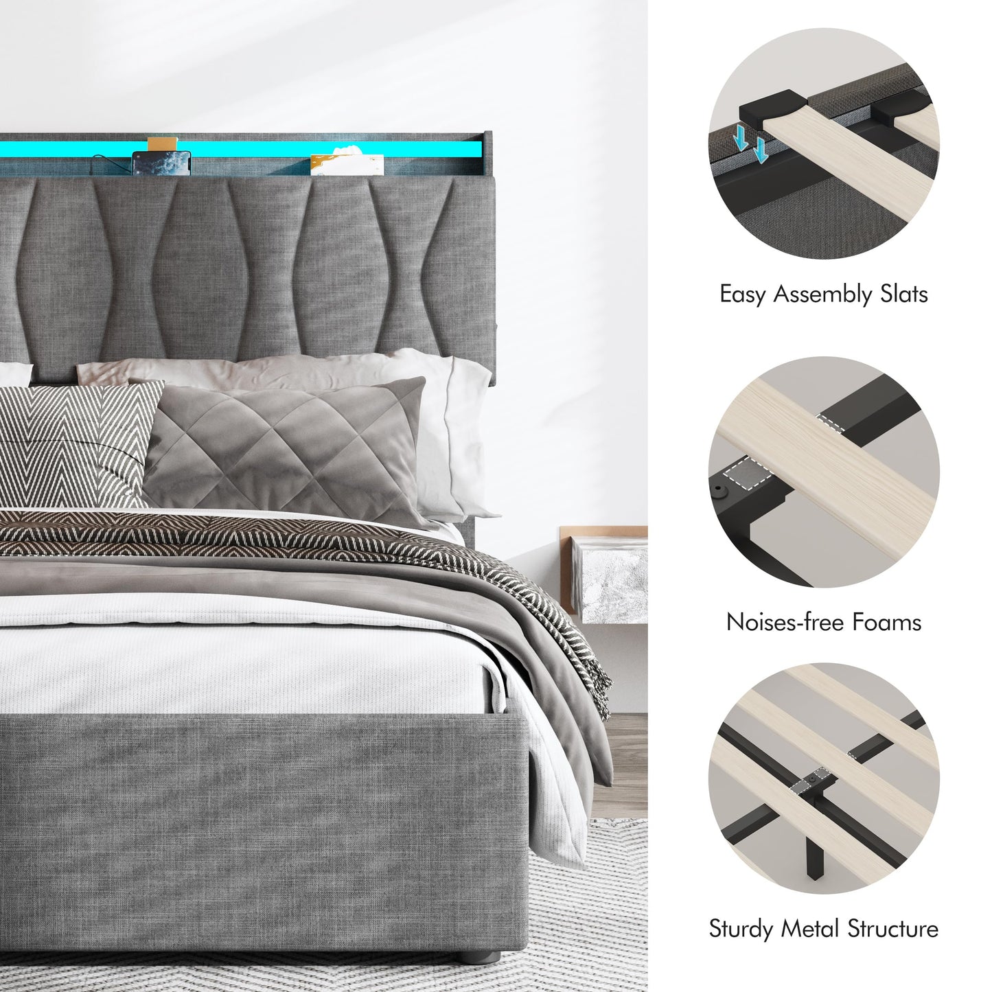 Fameill Full Size Lift Up Storage Bed Frame, Height Adjustable Storage Headboard with Charging Station, LED Lights Upholstered Platform Bed, Wooden Slat, No Box Spring Needed, Noise-Free, Dark Grey