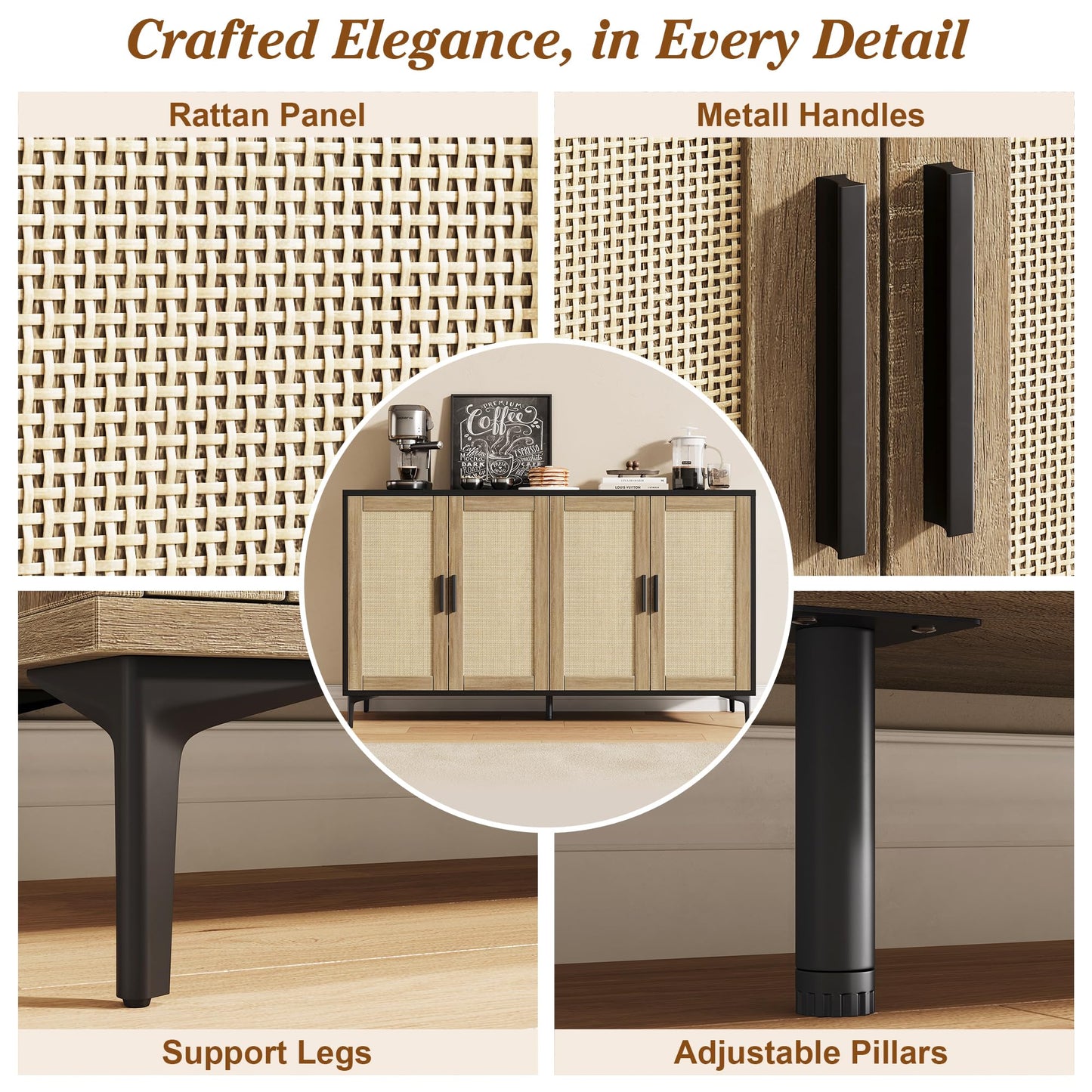JASIWAY Buffet Cabinet with Storage, 48" Rattan Sideboard with Adjustable Shelves, Modern Coffee Bar Cabinet Console Table with Doors, Credenza for Kitchen, Living Room, Entryway, Dining Room, Black