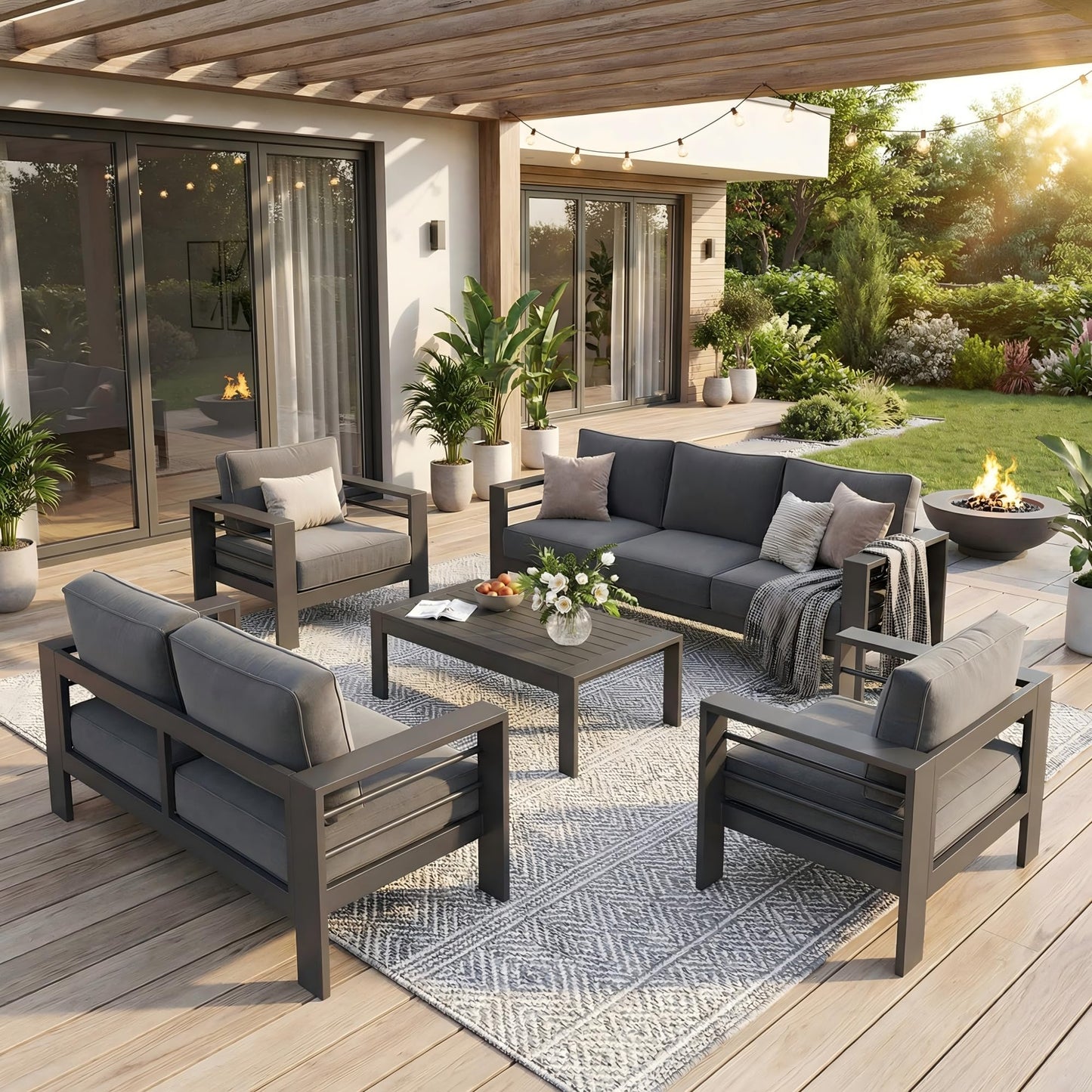 Solaste Aluminum Outdoor Patio Furniture Set, 7 Seats Patio Sectional Sofa with 5" Thick Cushion, Outdoor Patio Set with Coffee Table for Porch, Backyard, Deck, Yard, Grey