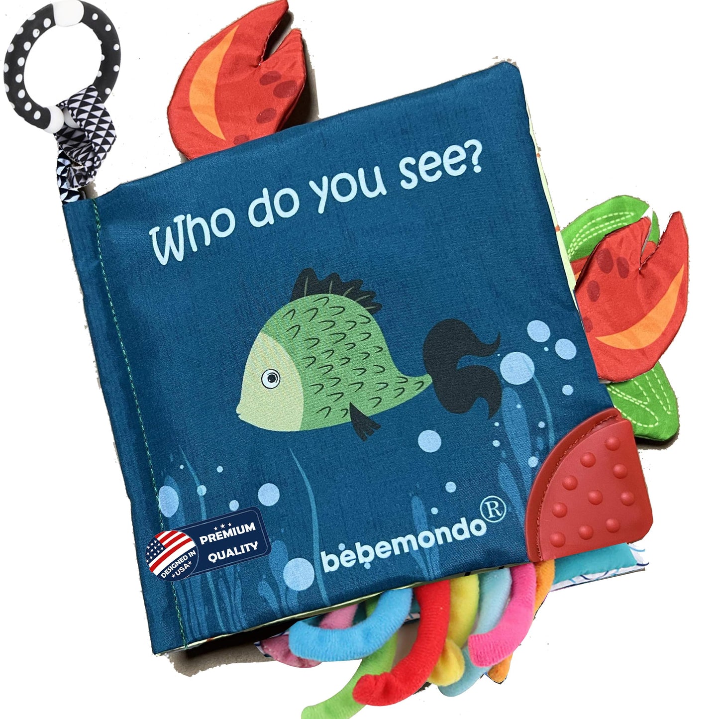Fish Baby Books, Crinkle Books for Babies,Touch & Feel,Infant Baby Toys 0-3 0-6 6-12 Months, Sensory Mirror Toys,Soft Teether,Teething Toy,Shower Baby Basket Stuffers,Baby Gifts for Boys Girls-Blue