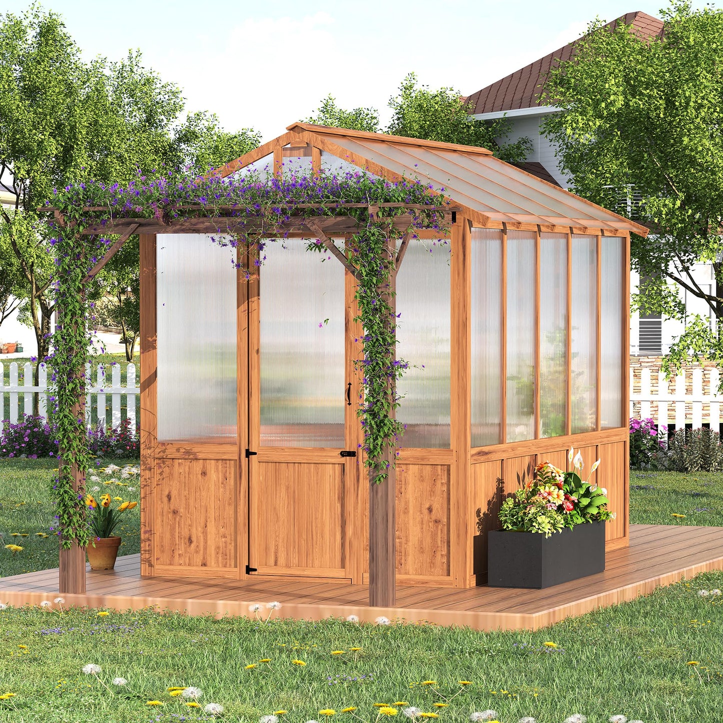 8x13FT Wooden Greenhouse with Pergola – Cedar Frame, Roof Vent & Polycarbonate Walk-in Greenhouse for Outdoor