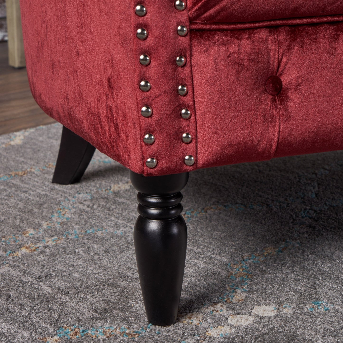 GDFStudio Melaina Tufted Chesterfield Velvet Loveseat with Scrolled Arms, Garnet and Dark Brown