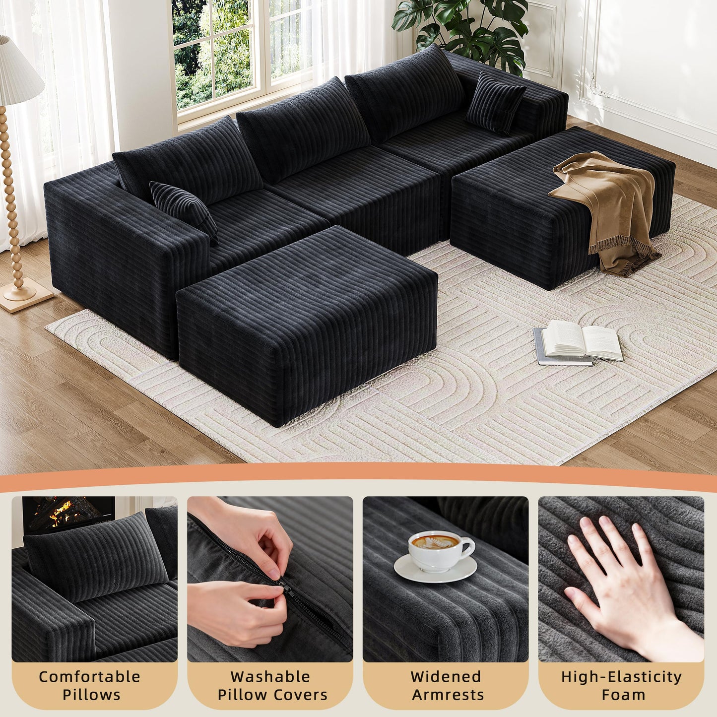CABZOON 110" Boneless Couches for Living Room Cloud Couch Modular Sectional Sofa with Deep Seat Plush Large Foam SofaU-Shape Sofa Couch,No Assembly Required, Black (Plush Corduroy Fabric)