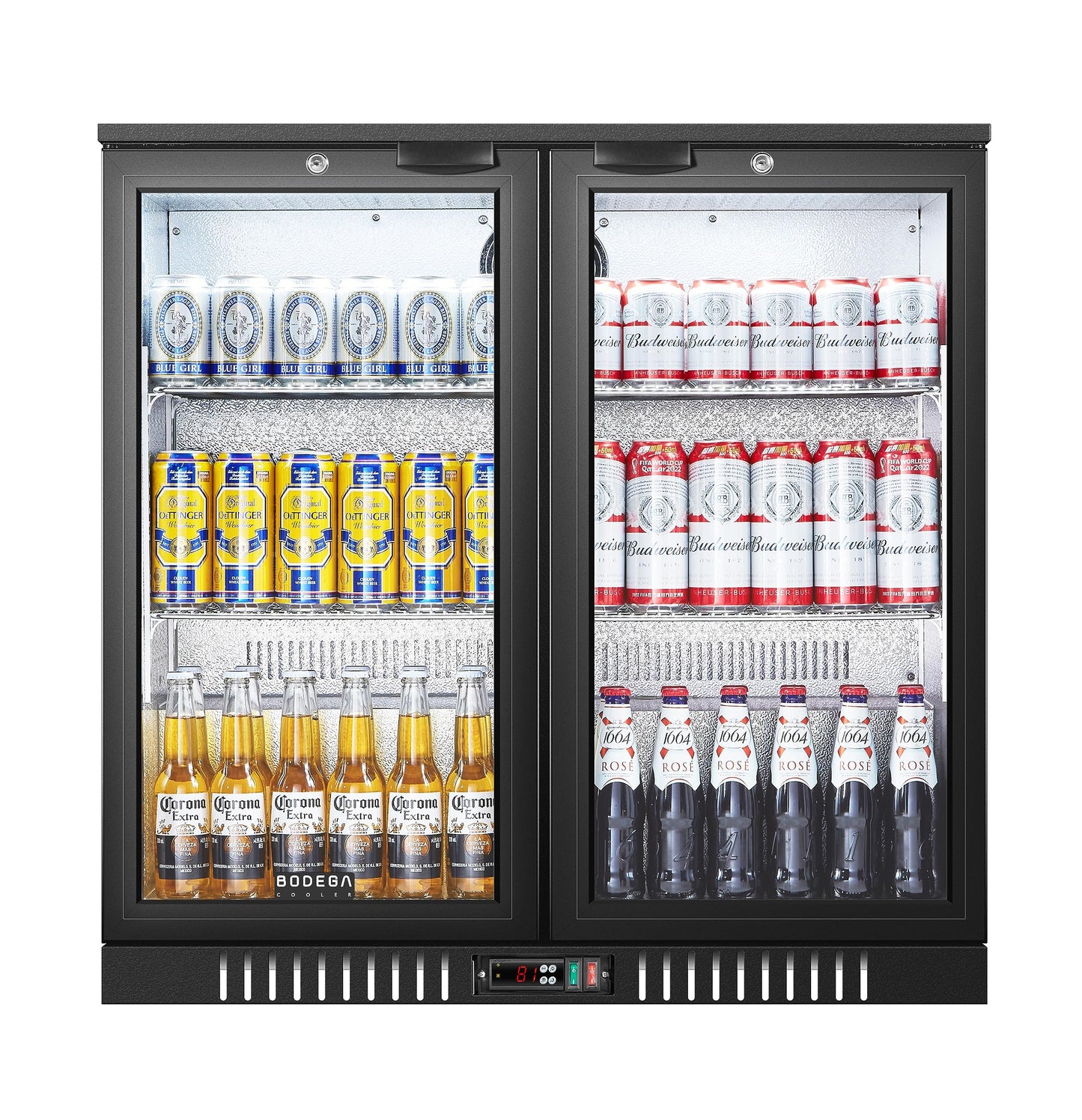 BODEGACOOLER Back Bar Cooler With 2 Glass Doors,Under Counter Back Bar Refrigerator 7.4 Cu.Ft with LED Lighting,Commercial Display Beverage Cooler for Beer,Soda Drinks,Wine