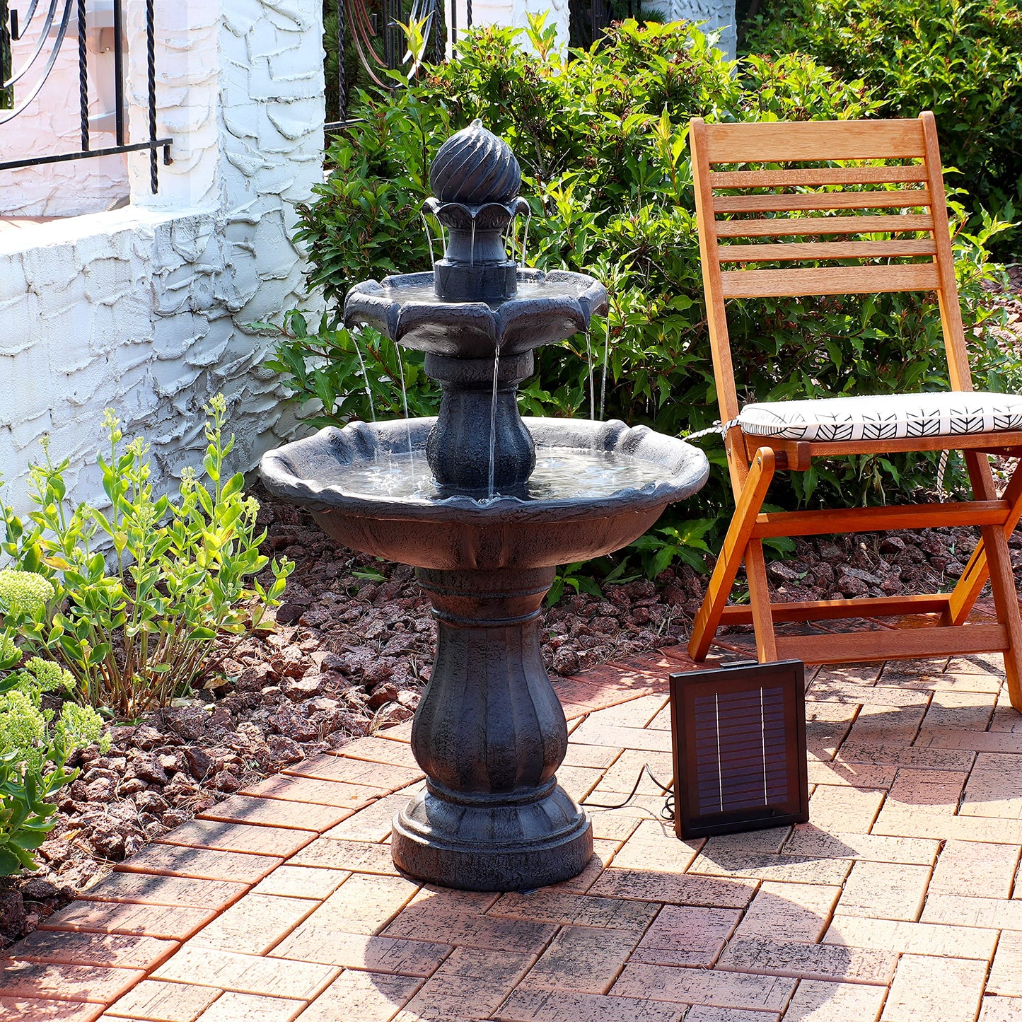 Sunnydaze 35" Solar 2-Tier Outdoor Water Fountain - Outdoor Water Fountain with Battery Backup and Pump - Black