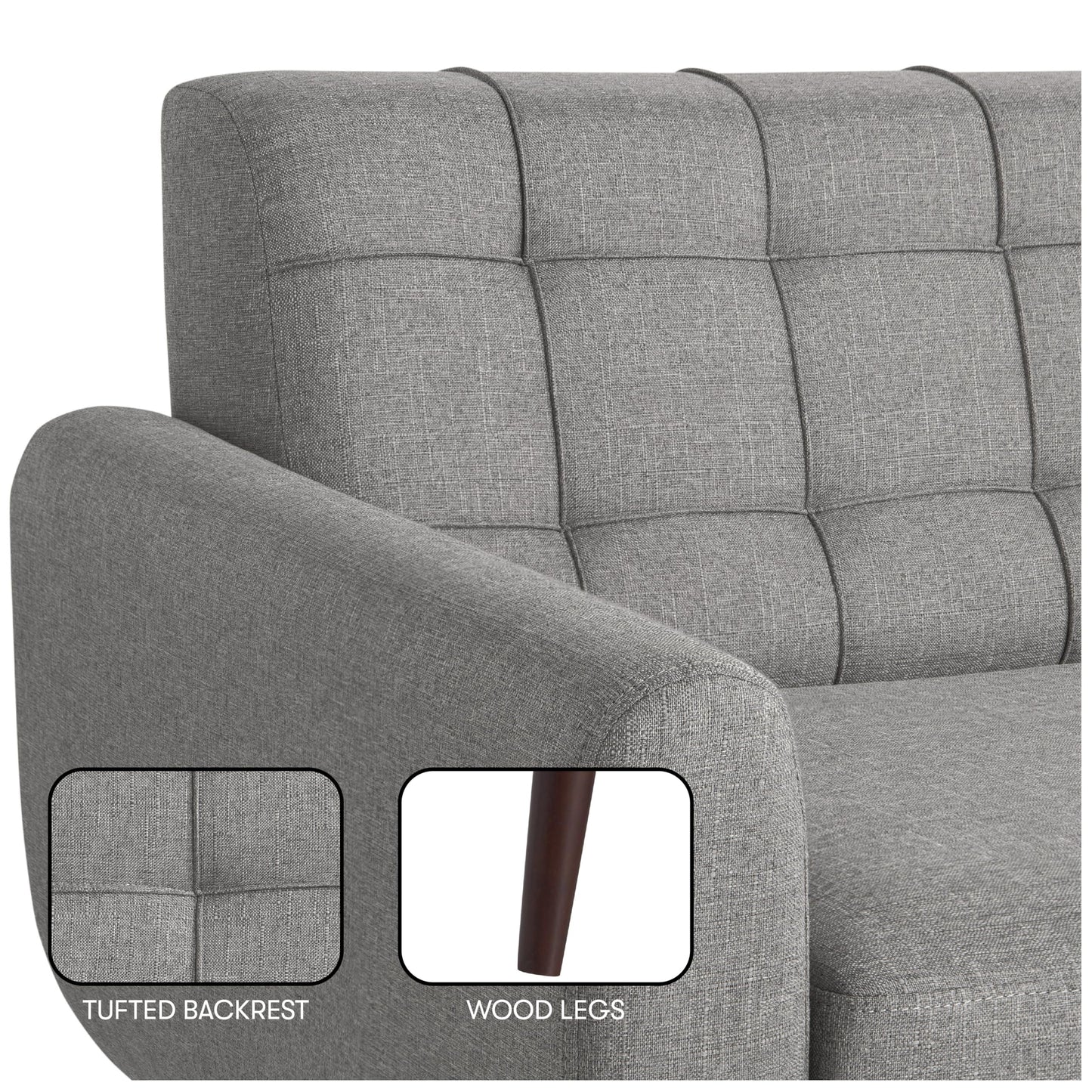 Serta® David 61.2" Modern Sofa, Tufted Back Cushion, Rounded Arms, Solid Wood Legs, Dream Coil® Comfort, Woven Polyester Fabric, Gray